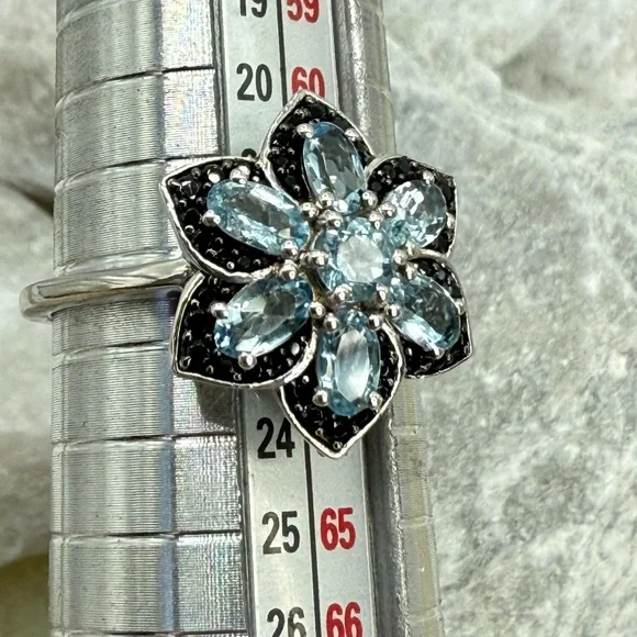 NWT Santa Maria Aquamarine & Black Spinel Daisy Ring Sz 10 Platinum 925 1.25ctw - Picture 15 of 17